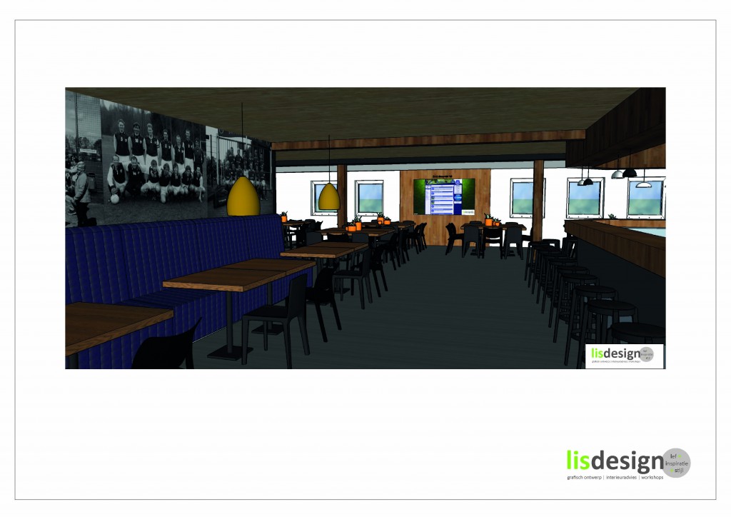 3d impressie van sportkantine met bar, snackhoek en loungehoek.